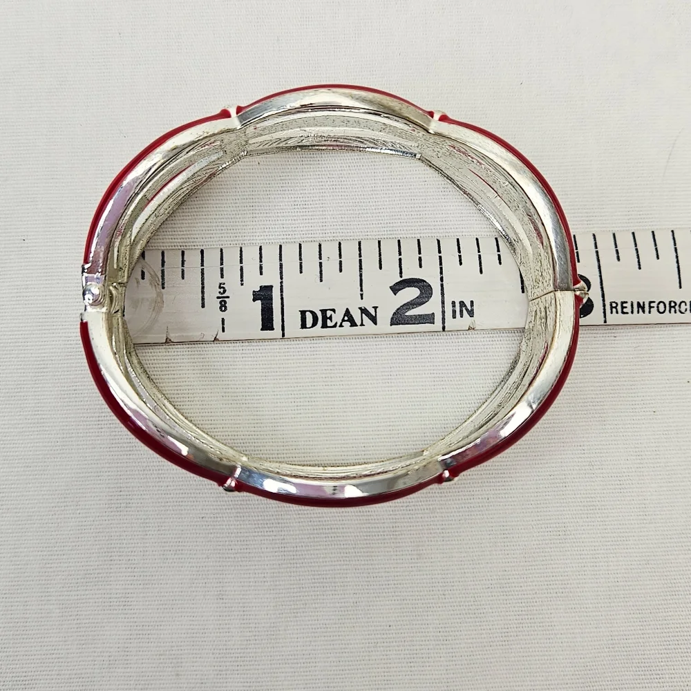 New York & Company Red Enamel Hinged Cuff Bracelet Silver Tone Bangle